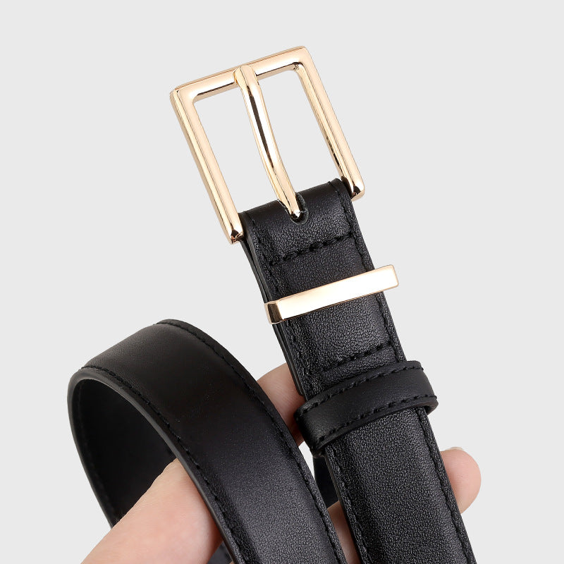 Black leather belt with golden buckle and keeper detail