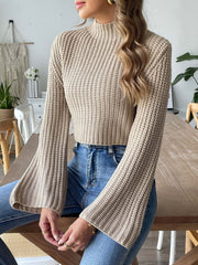 Khaki ribbed knit crop sweater with bell sleeves and mock neck.