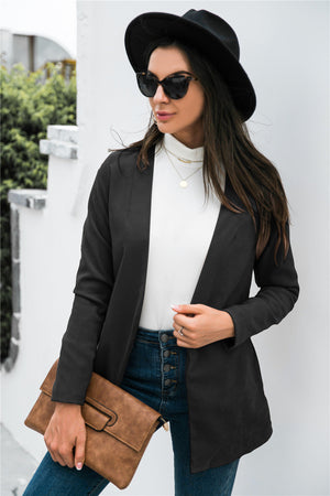 Black drape-front blazer with sculpted silhouette, open front, long sleeves, and a casual cut.
