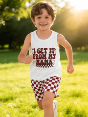 White graphic tank top with I GET IT FROM MY MAMA text and checkered shorts set.