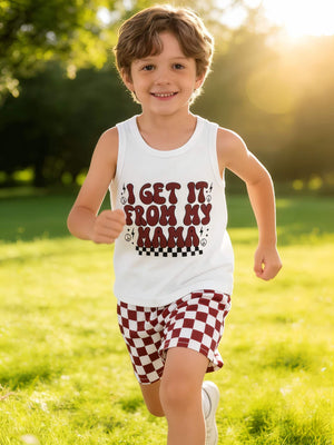White graphic tank top with I GET IT FROM MY MAMA text and checkered shorts set.