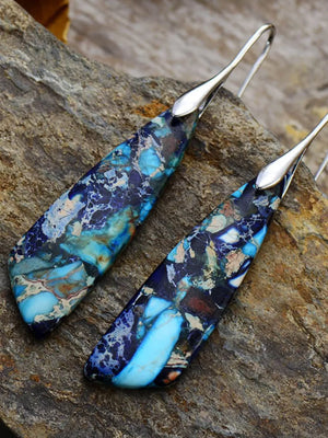 Azure Stone Teardrop Earrings with silver hooks and blue/gold marbled stone.