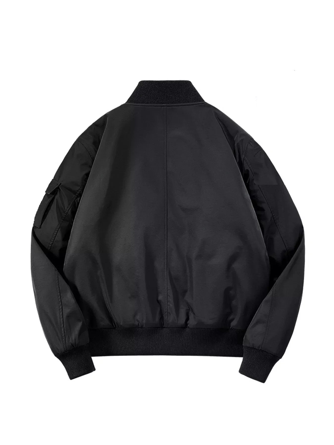 Black bomber jacket with ribbed collar, cuffs, and hem, featuring a utility pocket on the left sleeve.