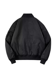 Black bomber jacket with ribbed collar, cuffs, and hem, featuring a utility pocket on the left sleeve.