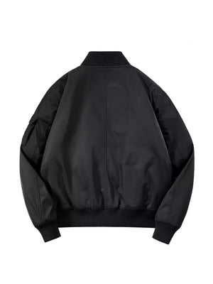 Black bomber jacket with ribbed collar, cuffs, and hem, featuring a utility pocket on the left sleeve.