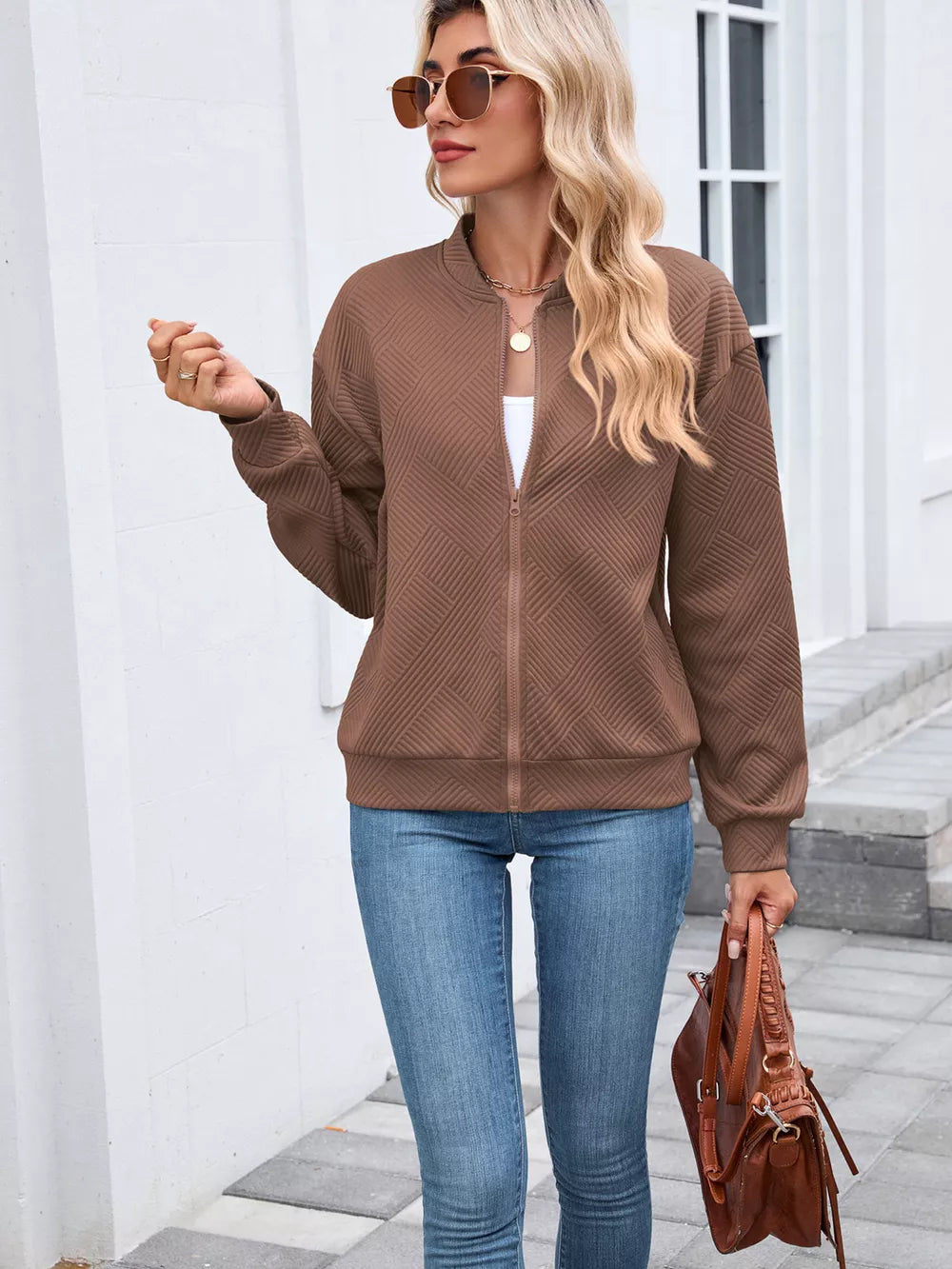 Pink relaxed bomber jacket with crew neck