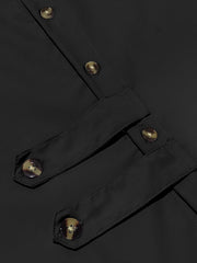 Black long-sleeve men's cotton button-down shirt with decorative buttoned tabs.