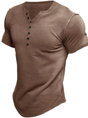 Henley tee in Taupe with button placket and curved hem