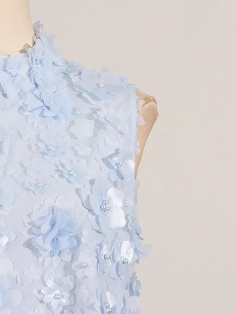 Blue floral applique mini dress with ruffled neckline and pearl details.