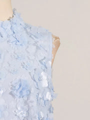 Blue floral applique mini dress with ruffled neckline and pearl details.