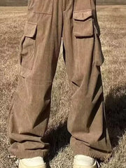 Brown ribbed cotton cargo joggers with spacious pockets.