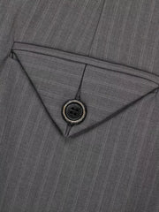 Grey pinstripe sweatpants with a buttoned pocket detail.