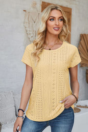 Light Yellow perforated eyelet cuffed tee with short sleeves and crew neck.