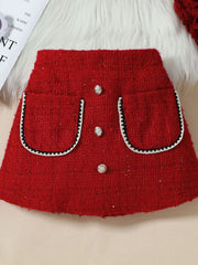 Red tweed skirt with decorative pockets and buttons