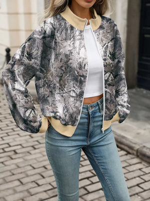 Pink sweatshirt with zip-front and leaf-print