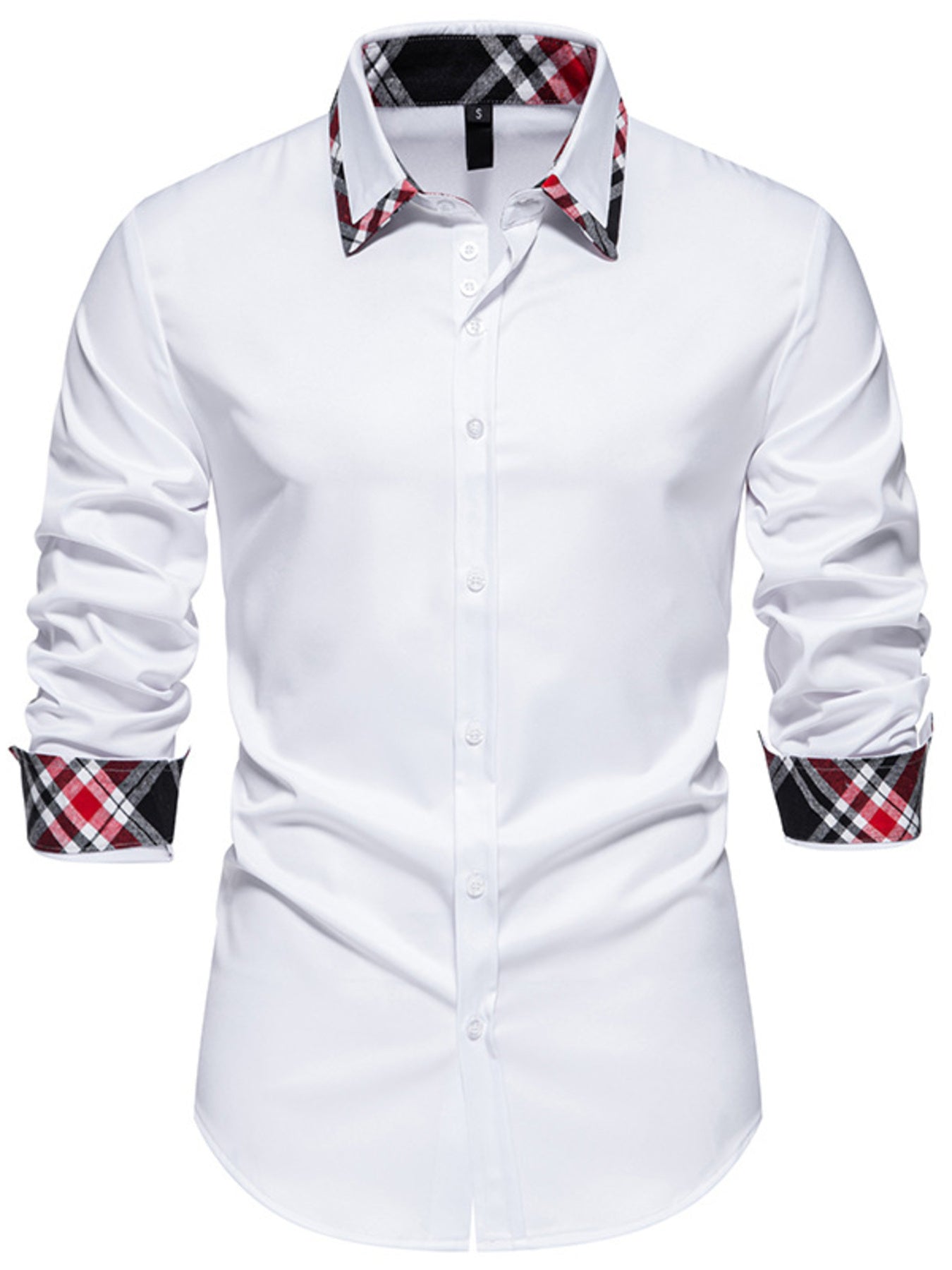 Men's white cotton slim fit shirt with plaid collar and cuffs
