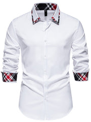 Men's white cotton slim fit shirt with plaid collar and cuffs