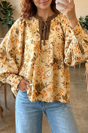 Paisley Print Tie Neck Long Sleeve Top in Tan, front view