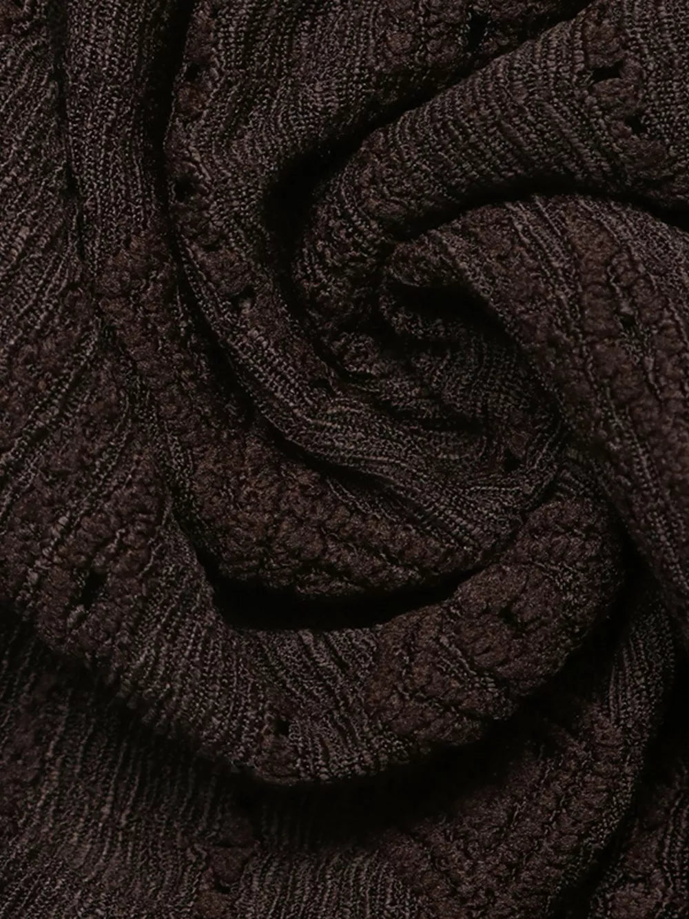 Brown lace-trimmed ruffled V-neck maternity shirt fabric detail