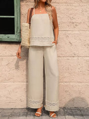 Khaki cami and wide-leg pants set with lace trim detail