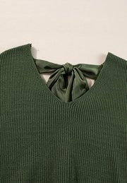 Dark green ribbed knit sweater with a satin bow detail at the back neckline.