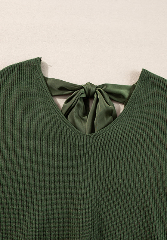 Dark green ribbed knit sweater with a satin bow detail at the back neckline.