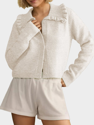 Light Gray Frilled Collar Knit Cardigan with button front and ribbed cuffs.