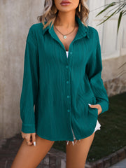 Deep Teal textured pleated button-down shirt with a relaxed fit.