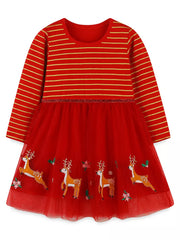 Red tulle dress with gold stripes and embroidered elk, long sleeves.