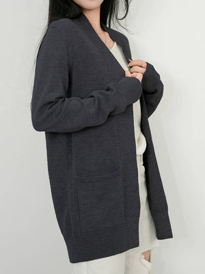 Dark gray textured knit open-front cardigan with pockets and ribbed cuffs.