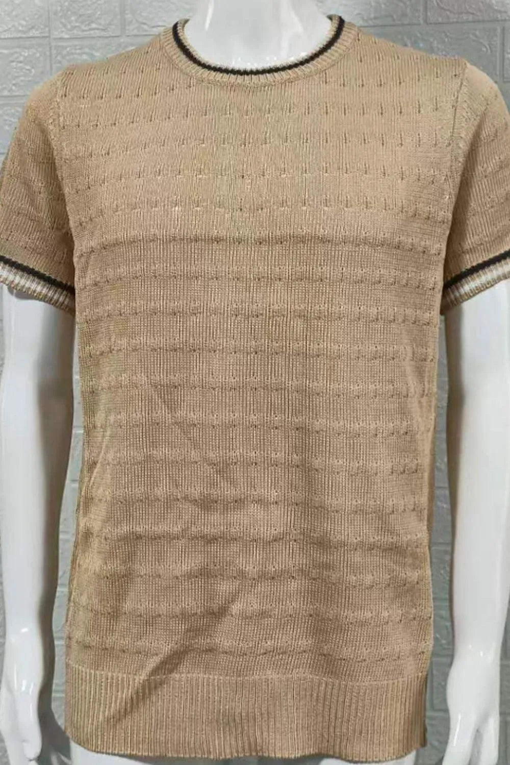 Camel textured knit t-shirt with striped neckline and cuffs.