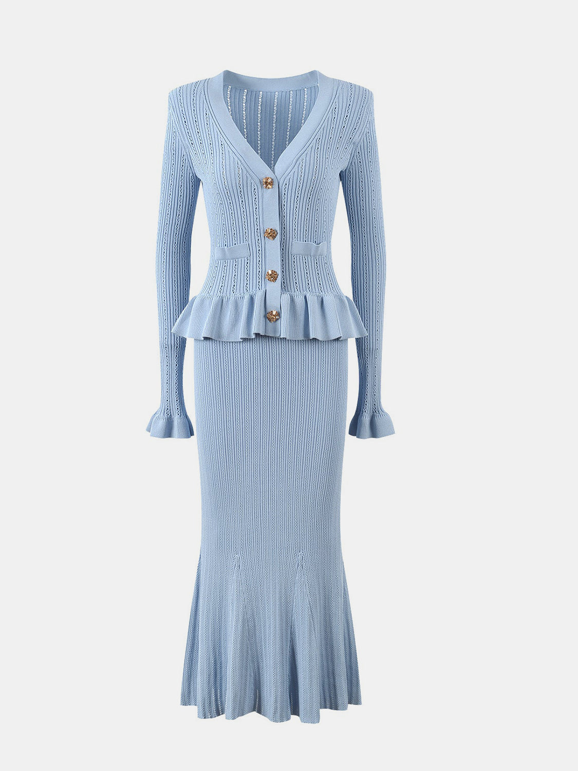 Light blue knit cardigan with ruffled peplum and skirt set, featuring gold buttons and flared cuffs.