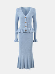 Light blue knit cardigan with ruffled peplum and skirt set, featuring gold buttons and flared cuffs.