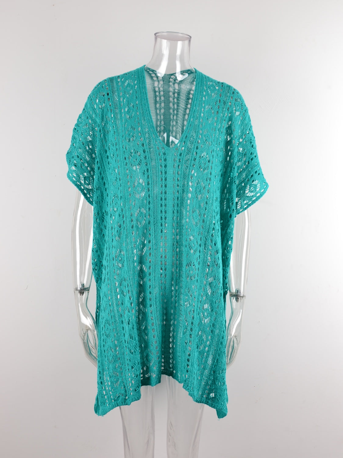 Teal open-knit V-neck beach cover-up with short sleeves and a relaxed fit.
