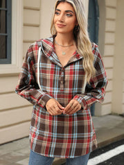Plaid henley hooded shirt in coffee brown with button detail and white drawstrings.