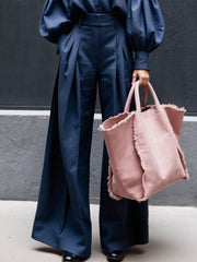 Blue lantern sleeve shirt and wide-leg pants set with pleated detail.