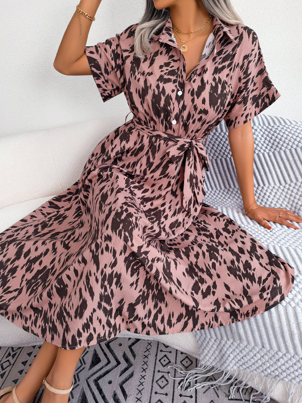 Dusty Pink Dalmatian Print Midi Shirt Dress with tie waist and short sleeves.