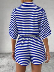 Royal blue and white striped romper with buttoned collar and elastic waist shorts
