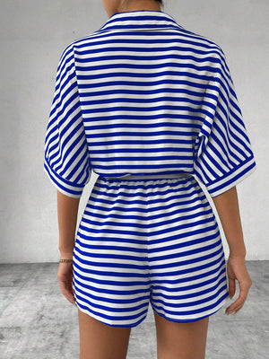 Royal blue and white striped romper with buttoned collar and elastic waist shorts