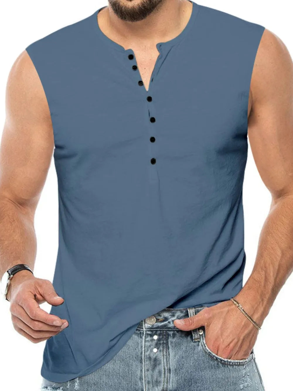 Sleeveless henley shirt in dusty blue with black buttons and a relaxed fit.