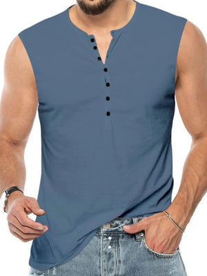 Sleeveless henley shirt in dusty blue with black buttons and a relaxed fit.