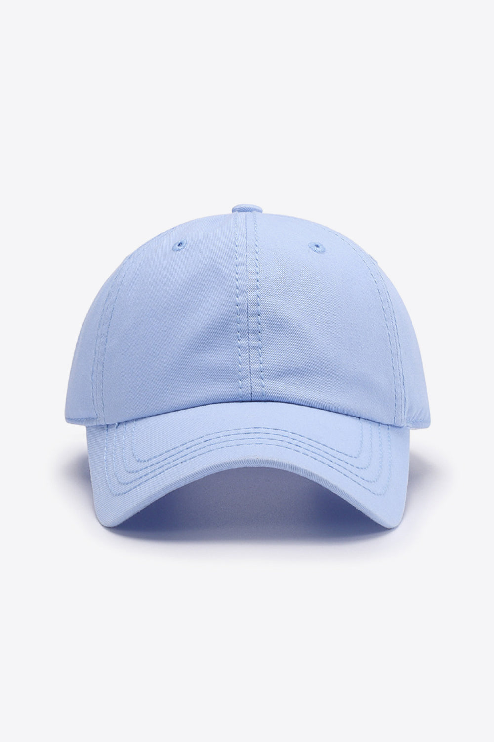 Sky blue canvas baseball cap with stitched details and curved brim.