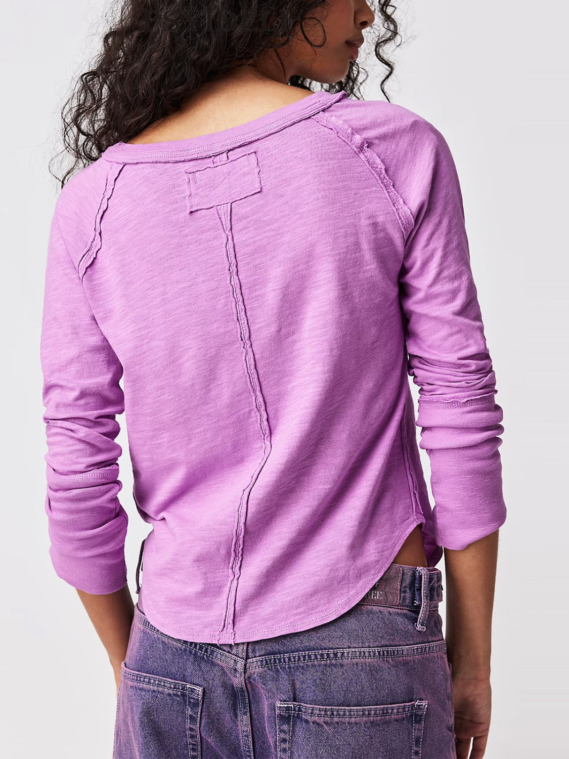 Lilac distressed slouchy tee with raw edge neckline and seams
