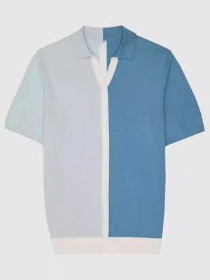 Colorblock knit polo shirt in cerulean with a contrast placket and collar.