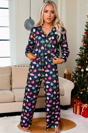 Navy blue loungewear set with festive bauble print, long sleeves, collared neckline, and drawstring pants.
