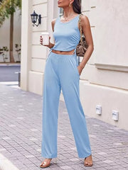 Round Neck Tank Cardigan Pants Set, alternate angle