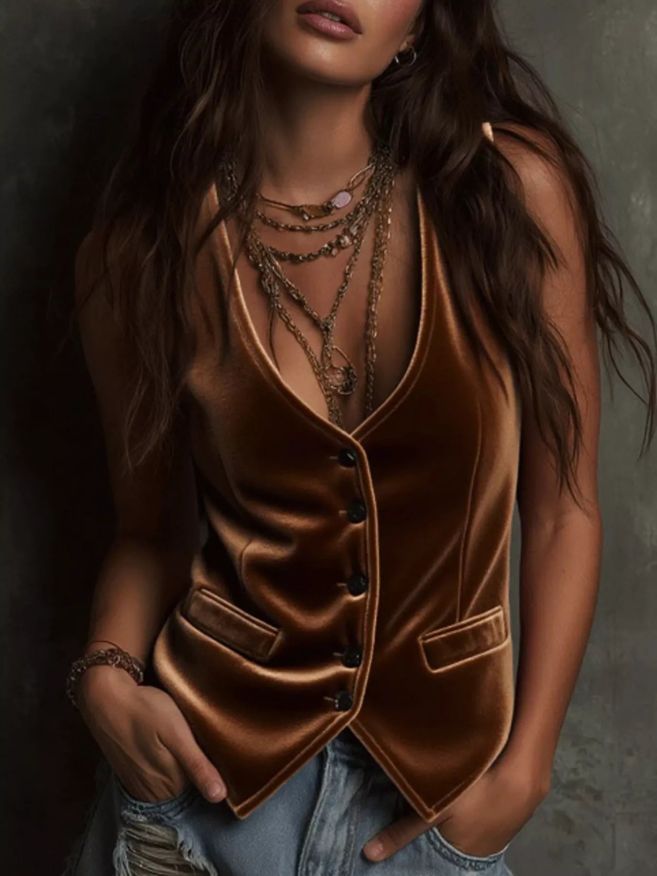Brown velvet button-down vest coat with two front pockets and black buttons.