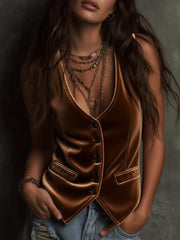 Brown velvet button-down vest coat with two front pockets and black buttons.