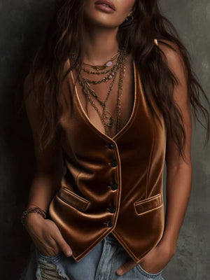 Brown velvet button-down vest coat with two front pockets and black buttons.