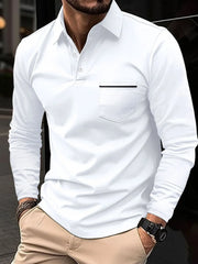 White long-sleeve polo shirt with chest pocket detail and black trim